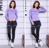 2016秋冬韩版字母长袖紧身假两件长裤瑜伽健身跑步运动服套装女