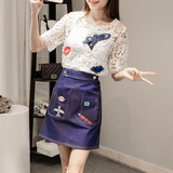 套装女2016夏季韩版新款宽松蕾丝镂空T恤+纯棉吊带+高腰牛仔短裙