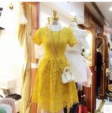 Alice wang女装夏季新款裙子甜美黄色短袖蕾丝公主裙蓬蓬连衣裙