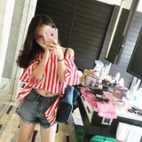 2016新款韩版一字领性感露肩红色竖条纹短袖衬衫连衣裙