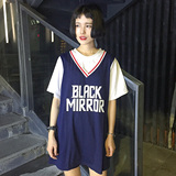 夏装韩版学院风原宿宽松中长款假两件T恤学生短袖球衣女篮球服潮
