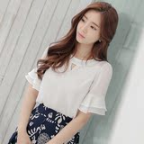 韩国夏季新款2016短袖雪纺衫女圆领小香风甜美气质喇叭袖白色上衣