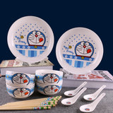 多啦a梦儿童卡通餐具碗碟套装可爱餐具创意米饭碗盘勺14件头骨瓷