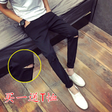 2016韩版新品膝盖破洞牛仔裤男 GD同款黑色显瘦版9九分小脚长裤子
