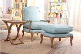 促销美式法式乡村单人沙发椅 新古典实木橡木复古藤背亚麻软包椅