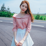 2016夏季女装新款小清新韩国代购性感露肩甜美经典格子单排扣衬衣