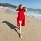 红色沙滩裙海边度假夏必备 大码宽松中长款雪纺 显瘦波西米亚女装