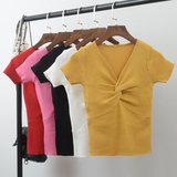 包邮2016春季韩版新品修身显瘦气质交叉V领纯色针织短袖上衣女T恤