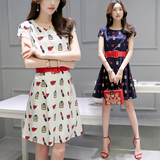 欧洲夏季新品女装韩版纯棉圆领短袖修身印花时尚百搭中长连衣裙