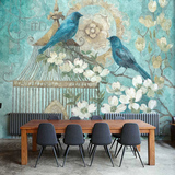 欧式手绘鸟笼花卉壁纸卧室客厅沙发背景墙纸大型田园复古壁画定制