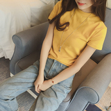 韩版夏季女装短袖冰丝棉半高领修身显瘦针织衫纯色百搭打底衫上衣