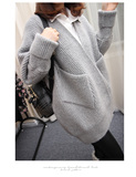 2016韩国春季新款纯灰色针织毛衣外套女中长款宽松蝙蝠袖针织开衫