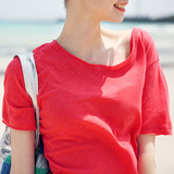 欧洲站夏季纯色宽松女短袖纯棉t恤大红色半袖竹节棉大码上衣薄款