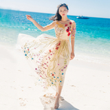 重工刺绣花朵七分袖蕾丝网纱连衣裙波西米亚海边度假大摆仙女长裙