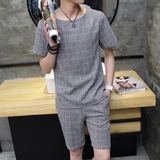 16夏季韩款亚麻短袖T恤套装男式格子花夏装潮流时尚休闲棉麻短装