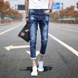 夏季韩版破洞修身型男生短裤子9九分学生薄款8八分男款牛仔裤潮流