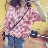 夏季新款韩国学院风V领蝙蝠袖细格子短款宽松显瘦百搭衬衣女学生