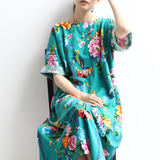 中国风古典中式改良夏季棉麻短袖连衣裙宽松长裙茶服袍子大码女装