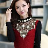 2016秋季新款韩版女装长袖蕾丝打底衫薄款立领修身大码显瘦上衣潮