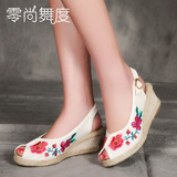 夏季老北京布鞋女凉鞋 高跟新款鱼嘴新款坡跟广场舞蹈汉服 绣花鞋