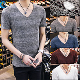 短袖T恤男V领夏季青年韩版半袖男装上衣大码修身体恤镂空打底衫潮