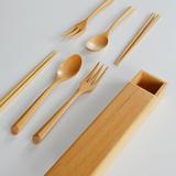 包邮日式原木创意便携餐具勺叉筷子三件套盒子套装学生餐具可爱