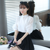 夏季韩版女装立领甜美欧根纱灯笼袖上衣白色中袖雪纺衫上衣女衬衫