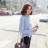 韩国夏季小清新直筒立领纯色喇叭袖衬衫女条纹休闲运动学生潮衬衣