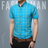 夏季短袖衬衫男装男士韩版修身型商务休闲青年衬衣格子翻领上衣潮