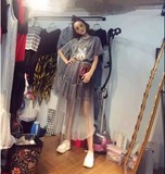 韩国东大门2016夏季新品唐老鸭亮丝T恤+网纱蓬蓬半身裙两件套套装