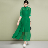 茧法夏装2016新款七分袖欧美绿色雪纺连衣裙女修身显瘦飘逸长裙