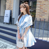 mimius2016夏季新款条纹连衣裙韩版女中长款系带宽松衬衫裙M5817