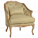 美式做旧实木高档雕花拉扣单人沙发椅 新古典老虎椅休闲椅子