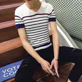 夏季韩版潮流个性青年男士短袖T恤V领修身纯色针织条纹男装体恤衫