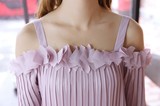 2016新款女装韩版甜美吊带百褶雪纺衫女短袖夏季漏肩一字领上衣女