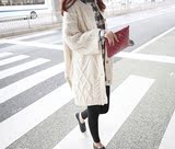 2016韩国代购女装秋冬新款纯色粗针麻花直筒开叉宽松针织毛衣外套