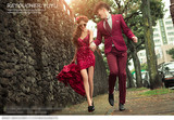 2016新款影楼主题服装红色吊带性感V领修身开衩拖尾婚纱晚礼服