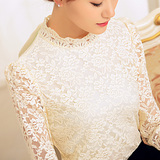2016秋冬季新款韩版蕾丝打底衫女长袖加绒大码白色立领修身上衣潮