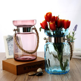欧式麻绳玻璃花瓶创意家居彩色干花花瓶客厅摆件餐桌装饰品大号