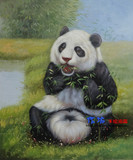 手工绘油画 实拍动物油画熊猫啃竹 黑白胖娃可爱动物宝贝装饰挂画