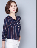 2016秋季女装新款韩版条纹百搭衬衫长袖女修身V领雪纺衫职业上衣