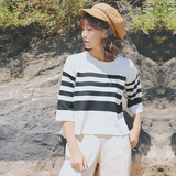 2016秋季韩版黑白条纹毛薄针织衫短款七分袖打底衫女宽松显瘦上衣