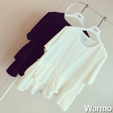 warmo2016夏季新款韩版圆领短袖宽松版雪纺娃娃衫荷叶边百褶上衣