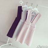 warmo 2016春季新款韩版修身显瘦背带裙口袋中长款高腰无袖连衣裙