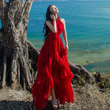 夏季新款优雅文艺复古雪纺连衣裙森女气质红色长裙度假海边沙滩裙
