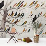 手绘欧式复古抽象鸟类油画壁纸 定制大型壁画墙纸 酒店餐厅背景墙