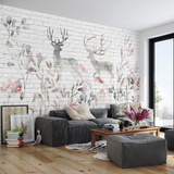 创意北欧麋鹿墙纸 艺术个性砖墙背景墙壁纸 卧室餐厅定制大型壁画