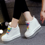 16春季韩版白色厚底超高跟12CM内增高女鞋休闲帆布系带松糕底单鞋