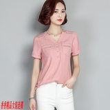 夏装韩版新款大码显瘦女装上衣雪纺短袖T恤女士V领衬衫套头打底衫