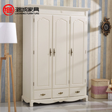 韩式田园衣柜 实木三门衣柜整体木质欧式家具 带抽屉象牙白色衣柜